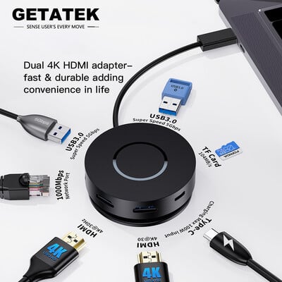 USB C dokstacija 7-in-1 USB C centrmezgls ar dubultu 4K HDMI portu 100 W PD USB 3.0 Gigabit Ethernet MacBook/Dell/Lenovo piezīmjdatoriem