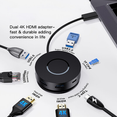 USB C dokstacija 7-in-1 USB C centrmezgls ar dubultu 4K HDMI portu 100 W PD USB 3.0 Gigabit Ethernet MacBook/Dell/Lenovo piezīmjdatoriem