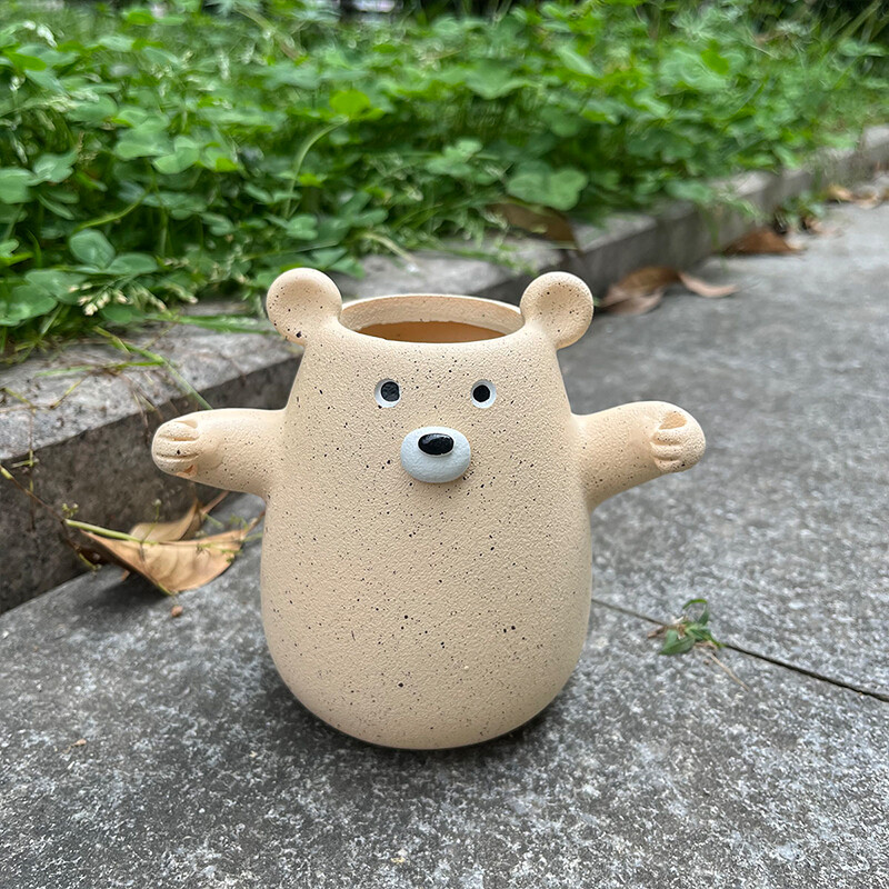Miela tvirta vaza Linksmas meškiukas, laikantis gėlių formos vazono meniškas gyvūnų statulas namų sodo ir terasos dekoravimui
