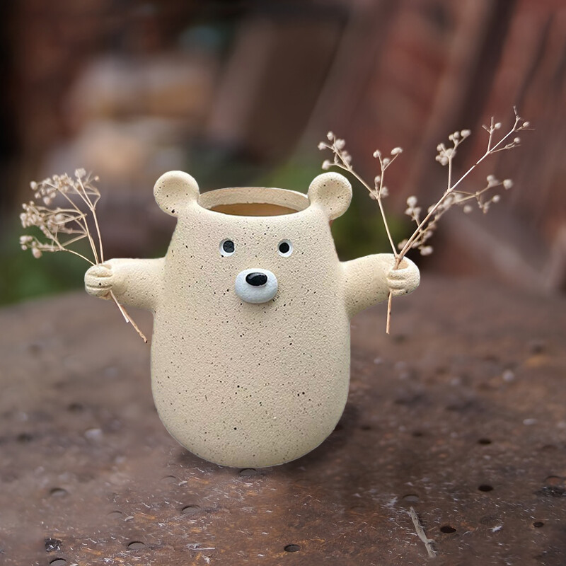 Miela tvirta vaza Linksmas meškiukas, laikantis gėlių formos vazono meniškas gyvūnų statulas namų sodo ir terasos dekoravimui