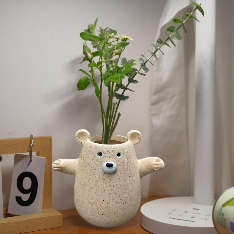 Miela tvirta vaza Linksmas meškiukas, laikantis gėlių formos vazono meniškas gyvūnų statulas namų sodo ir terasos dekoravimui
