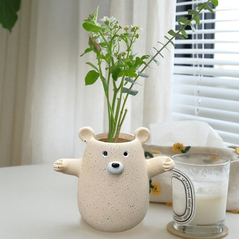 Miela tvirta vaza Linksmas meškiukas, laikantis gėlių formos vazono meniškas gyvūnų statulas namų sodo ir terasos dekoravimui
