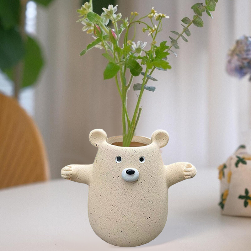 Miela tvirta vaza Linksmas meškiukas, laikantis gėlių formos vazono meniškas gyvūnų statulas namų sodo ir terasos dekoravimui