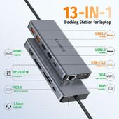 „Getatek 13 in 1“ nešiojamojo kompiuterio USB C prijungimo stotis 10 Gbps USB C šakotuvas su USB 3.2 šakotuvu 4K HDMI VGA 100 W PD įkrovimas RJ45, skirtas MacBook Pro