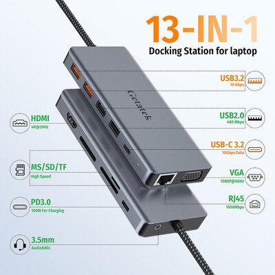 Getatek 13 in 1 klēpjdatora USB C dokstacijas 10 Gbps USB C centrmezgls ar USB 3.2 centrmezglu 4K HDMI VGA 100 W PD uzlādes RJ45 priekš MacBook Pro