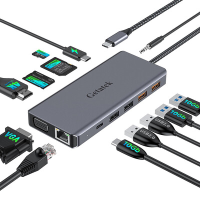 „Getatek 13 in 1“ nešiojamojo kompiuterio USB C prijungimo stotis 10 Gbps USB C šakotuvas su USB 3.2 šakotuvu 4K HDMI VGA 100 W PD įkrovimas RJ45, skirtas MacBook Pro