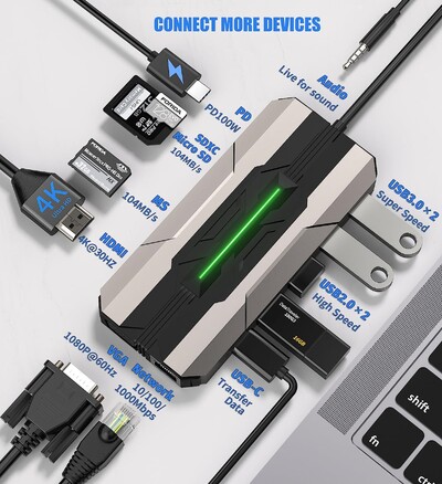 „Getatek 13 in 1“ nešiojamojo kompiuterio USB C prijungimo stotis 10 Gbps USB C šakotuvas su USB 3.2 šakotuvu 4K HDMI VGA 100 W PD įkrovimas RJ45, skirtas MacBook Pro