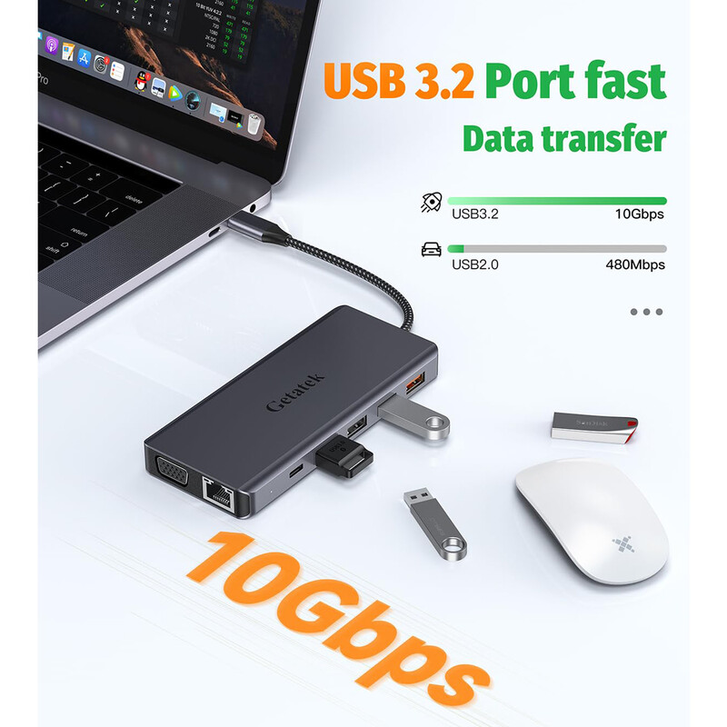 „Getatek 13 in 1“ nešiojamojo kompiuterio USB C prijungimo stotis 10 Gbps USB C šakotuvas su USB 3.2 šakotuvu 4K HDMI VGA 100 W PD įkrovimas RJ45, skirtas MacBook Pro