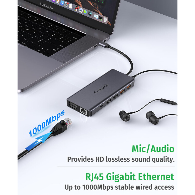 „Getatek 13 in 1“ nešiojamojo kompiuterio USB C prijungimo stotis 10 Gbps USB C šakotuvas su USB 3.2 šakotuvu 4K HDMI VGA 100 W PD įkrovimas RJ45, skirtas MacBook Pro