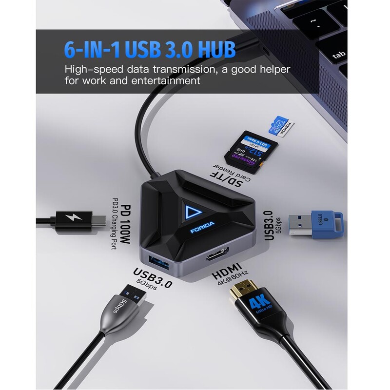 Getatek USB C Hub 6 in 1 Adapter 4K@60Hz HDMI 100W PD USB 3.0 5Gbps SD/TF kaardilugeja USB dokkimisjaam MacBook Air M1 M2 jaoks