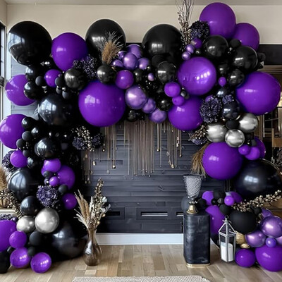 Lila ezüst fekete latex léggömbív készlet, születésnapi buli, Halloween, nyugdíjba vonulás, halottak napja, ünnepek