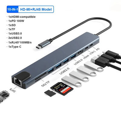 10 v 1 USB C HUB 4K 30Hz dokovacia stanica typu C na HDMI kompatibilná s RJ45 Ethernet PD100W pre MacBook iPad Huawei Sumsang Phone
