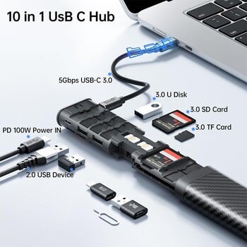 2024 BUDI 10 в 1 USB C хъб SD TF SIM карти Кутия за съхранение SD четец на карти OTG USB3.0 адаптер 5Gbps трансфер на данни за лаптоп