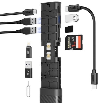 2024. gads BUDI 10 In 1 USB C centrmezgls SD TF SIM kartes atmiņas kaste SD kartes lasītājs OTG USB3.0 adapteris 5 Gbps datu pārsūtīšana klēpjdatoram