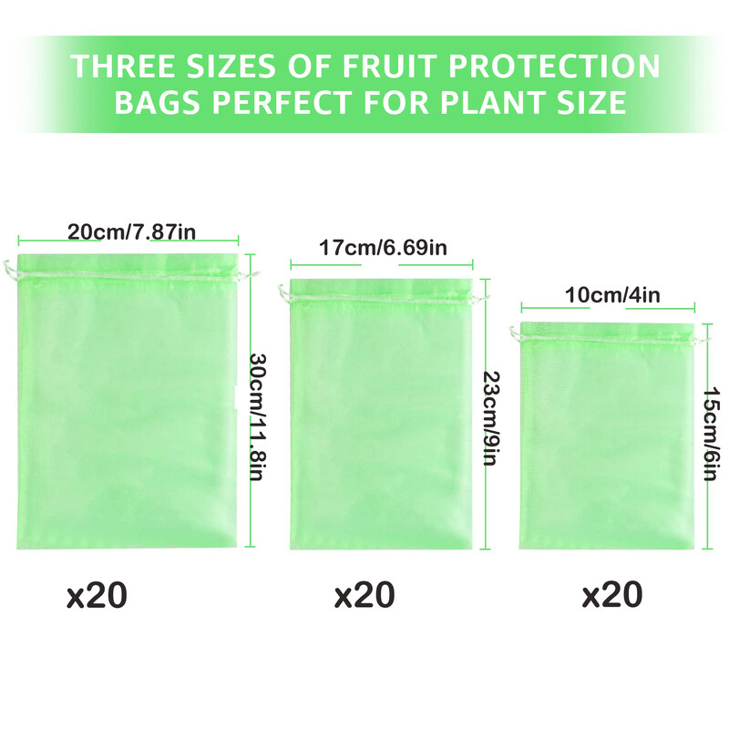 60 vnt. 3 dydžių vaisių vynuogių apsauginiai maišeliai su tinkliniu tinkliniu dangteliu vaismedžiams, gėlėms, tinklinis maišelis nuo paukščių