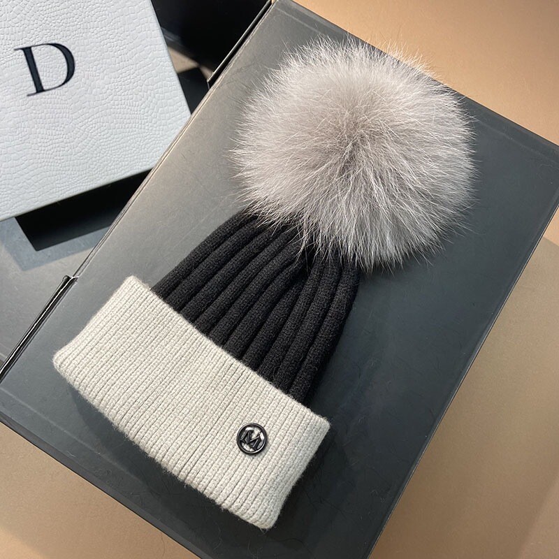 Pălărie tricotată caldă de iarnă cu etichetă M, cu design japonez, părinte-copil, pentru femei, toamnă și iarnă, pălărie drăguță din lână, cu minge de blană de vulpe