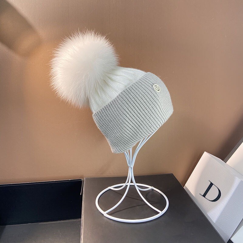 Pălărie tricotată caldă de iarnă cu etichetă M, cu design japonez, părinte-copil, pentru femei, toamnă și iarnă, pălărie drăguță din lână, cu minge de blană de vulpe