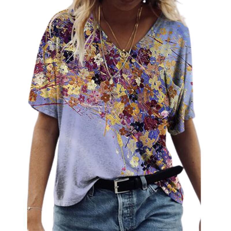 Forrás gyártó külkereskedelmi új női V-nyakú rövid ujjú felsők nyári szexi 3D absztrakt nyomott pólók