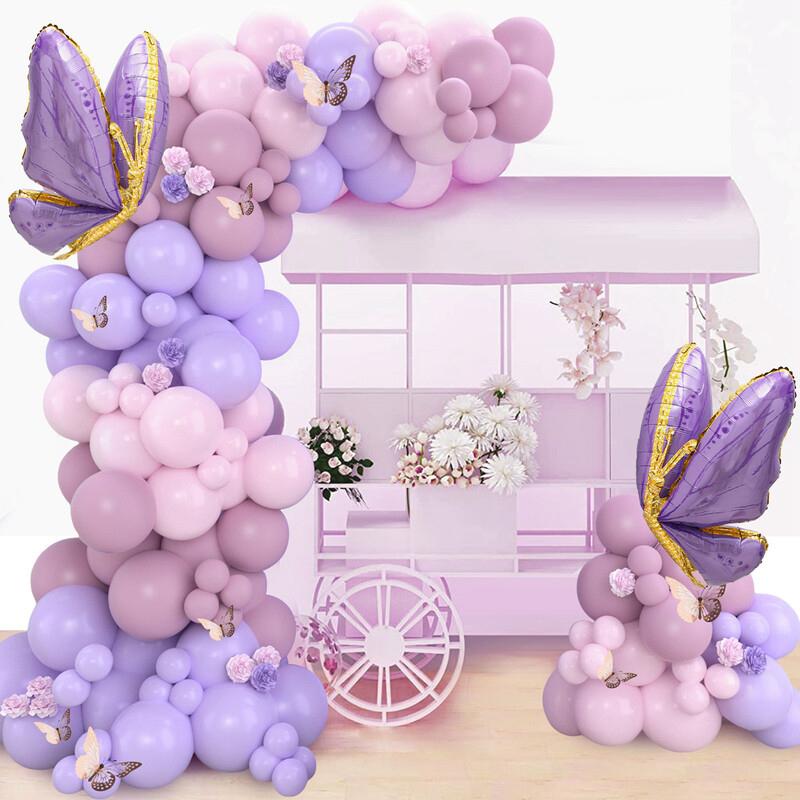 Macarons Ružovo-fialové motýlie balóny Girlanda Arch Kit Motýľ narodeninová párty dekorácia pre deti bábätko svadobná dekorácia Globos