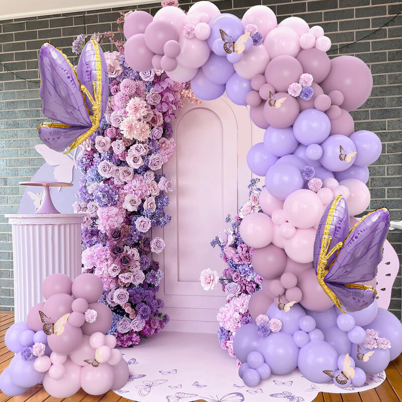 Macarons Ružovo-fialové motýlie balóny Girlanda Arch Kit Motýľ narodeninová párty dekorácia pre deti bábätko svadobná dekorácia Globos