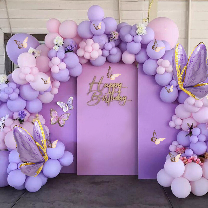 Macarons Ružovo-fialové motýlie balóny Girlanda Arch Kit Motýľ narodeninová párty dekorácia pre deti bábätko svadobná dekorácia Globos
