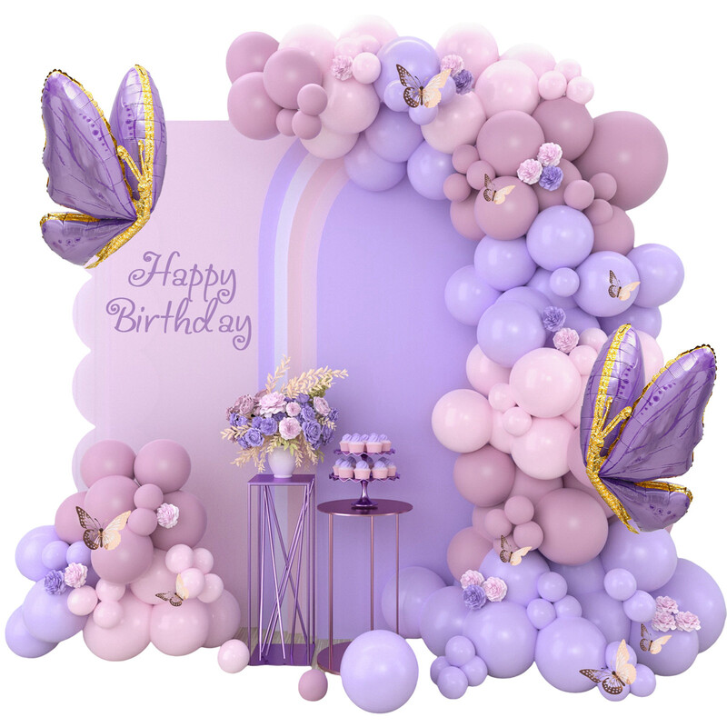 Macarons Ružovo-fialové motýlie balóny Girlanda Arch Kit Motýľ narodeninová párty dekorácia pre deti bábätko svadobná dekorácia Globos