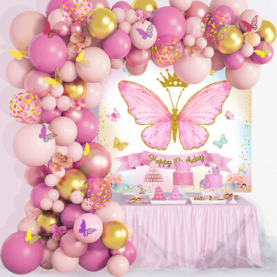 Roz Mov Fluture Balon Ghirlanda Arc Kit Fundal Decor petrecere aniversare copii nunta Decor petrecere aniversare Baby Shower