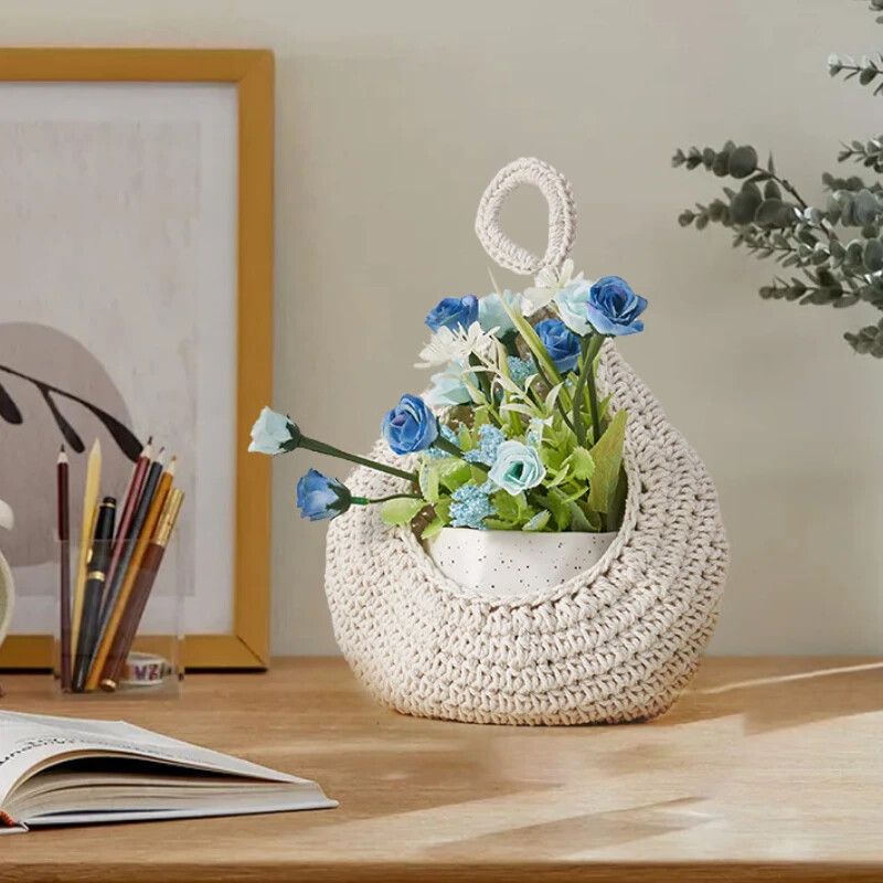 1 buc. Organizator de coșuri de legume și fructe țesute manual, montat pe perete, plasă în lacrimă, buzunar, plante, flori, decorare pentru grădină de bucătărie