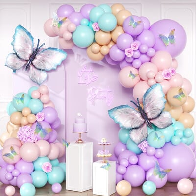 152db Butterfly Balloon Arch Kit,Macaron Pasztell Lila Rózsaszín Születésnapi Csodaország témájú esküvői babazuhany party dekoráció