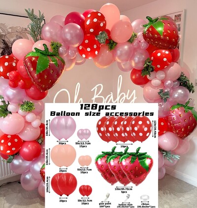 128 buc Kit de arc cu ghirlande de baloane cu căpșuni. Decorare pentru dezmințirea genului pentru prima petrecere de aniversare tematică pentru fetiță dulce