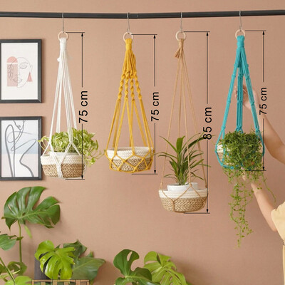 Krāsains Boho makrama augu turētājs, ar rokām austs 100% kokvilnas audums, groza pakaramais pakarināmais grozs iekštelpu augiem Bonsai mājas dekorēšanai