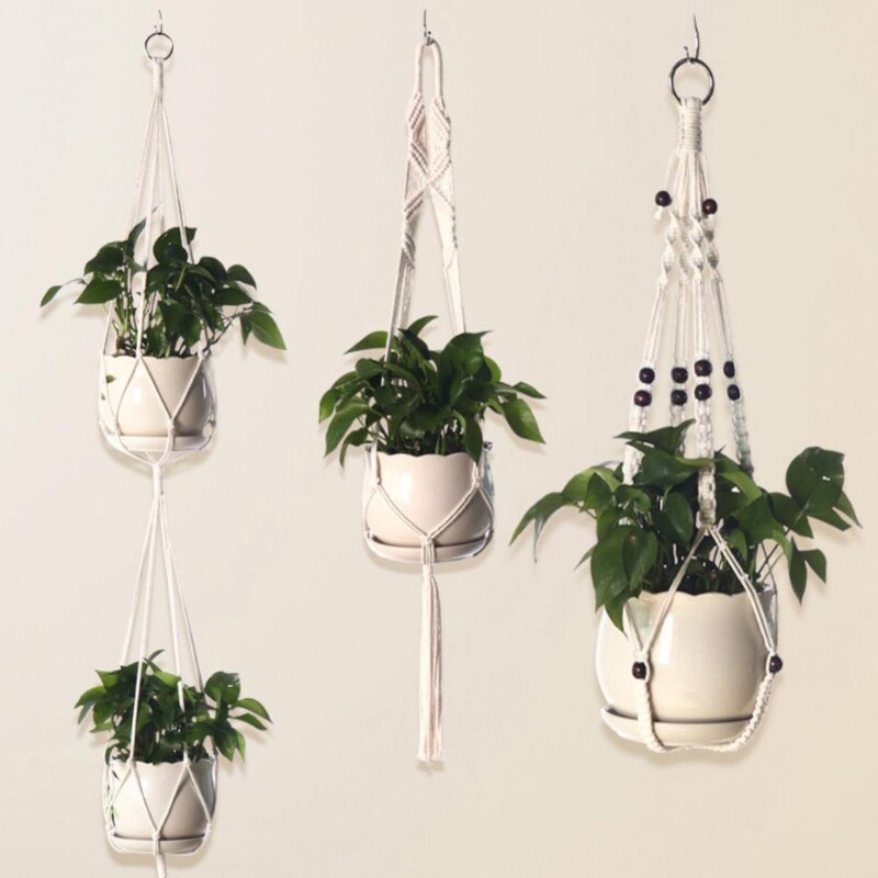 Macrame augalų pakabos Skirtingi sluoksniai Rankų darbo medvilnės virvėmis pakabinamos vazonų rinkinys Gėlių vazonai, skirti vidaus lauko Boho namų dekoravimui