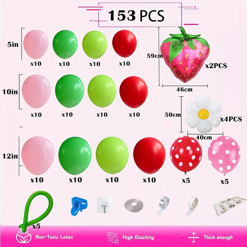 Set de 150 de bucăți pentru decorațiuni de petrecere cu căpșuni, ghirlande cu baloane, cu căpșuni, margaretă, roșu, buline, roz, cu buline, balon lung, potrivit pentru dulceață, fructe de pădure, pentru prima temă pentru petreceri