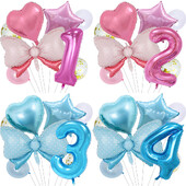 8 vnt Bow Baby Girl Rožinės mėlynos spalvos balionų rinkinys 40 colių numerio balionų vežimėlis helio rutulys 1-9 gimtadienio vakarėliams papuošti kūdikių dušas