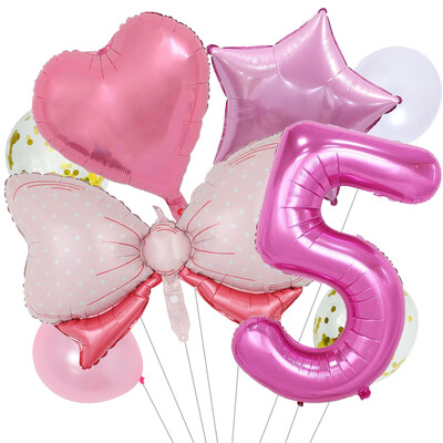 8 vnt Bow Baby Girl Rožinės mėlynos spalvos balionų rinkinys 40 colių numerio balionų vežimėlis helio rutulys 1-9 gimtadienio vakarėliams papuošti kūdikių dušas