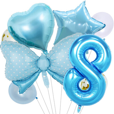 8 vnt Bow Baby Girl Rožinės mėlynos spalvos balionų rinkinys 40 colių numerio balionų vežimėlis helio rutulys 1-9 gimtadienio vakarėliams papuošti kūdikių dušas