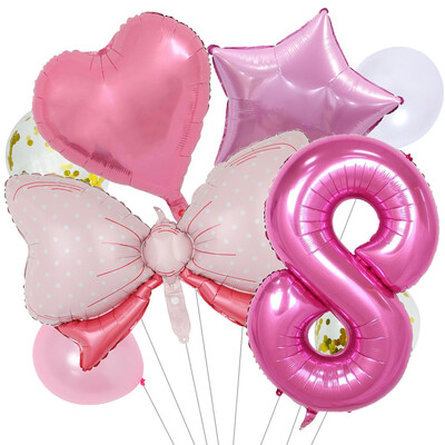 8 vnt Bow Baby Girl Rožinės mėlynos spalvos balionų rinkinys 40 colių numerio balionų vežimėlis helio rutulys 1-9 gimtadienio vakarėliams papuošti kūdikių dušas