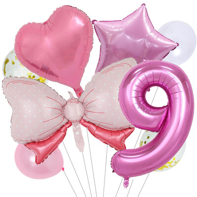 8 vnt Bow Baby Girl Rožinės mėlynos spalvos balionų rinkinys 40 colių numerio balionų vežimėlis helio rutulys 1-9 gimtadienio vakarėliams papuošti kūdikių dušas