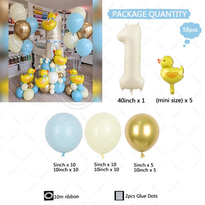 58 ks mini žlté balóny s kačičkou, biely fóliový balón s číslom, modrý, žltý, zlatý, latexový balón, darček k narodeninám pre deti.
