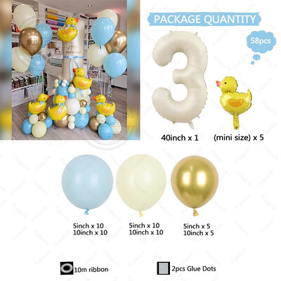 58 ks mini žlté balóny s kačičkou, biely fóliový balón s číslom, modrý, žltý, zlatý, latexový balón, darček k narodeninám pre deti.