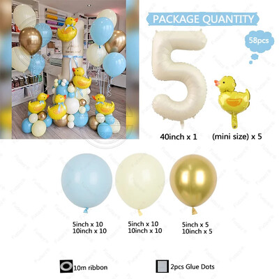 58 ks mini žlté balóny s kačičkou, biely fóliový balón s číslom, modrý, žltý, zlatý, latexový balón, darček k narodeninám pre deti.