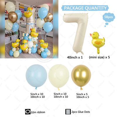 58 ks mini žlté balóny s kačičkou, biely fóliový balón s číslom, modrý, žltý, zlatý, latexový balón, darček k narodeninám pre deti.