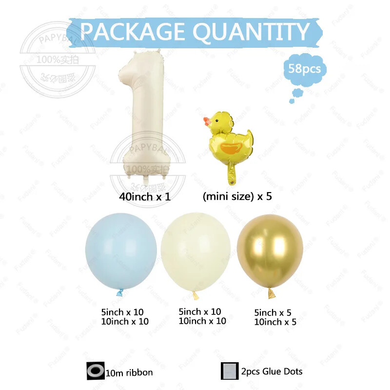 58 ks mini žlté balóny s kačičkou, biely fóliový balón s číslom, modrý, žltý, zlatý, latexový balón, darček k narodeninám pre deti.