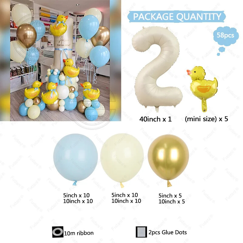 58 ks mini žlté balóny s kačičkou, biely fóliový balón s číslom, modrý, žltý, zlatý, latexový balón, darček k narodeninám pre deti.