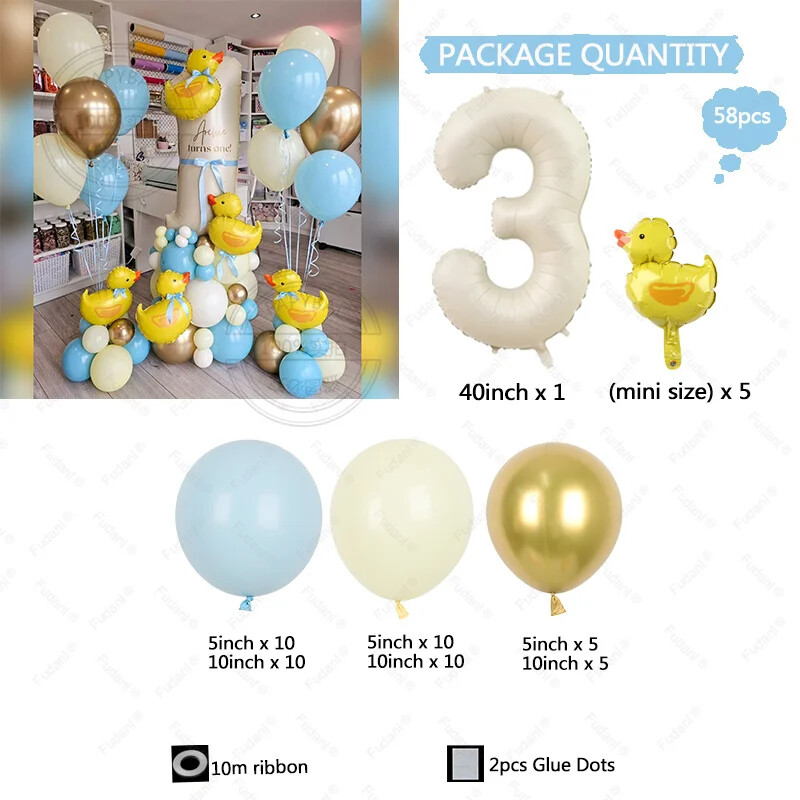 58 ks mini žlté balóny s kačičkou, biely fóliový balón s číslom, modrý, žltý, zlatý, latexový balón, darček k narodeninám pre deti.