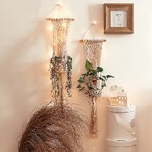 Boho Висяща кошница Памучно въже Плетено макраме Пискюл Монтирана на стена Саксия Поставки за растения Вътрешни градински декорации