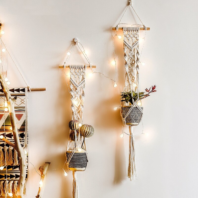 Boho Висяща кошница Памучно въже Плетено макраме Пискюл Монтирана на стена Саксия Поставки за растения Вътрешни градински декорации