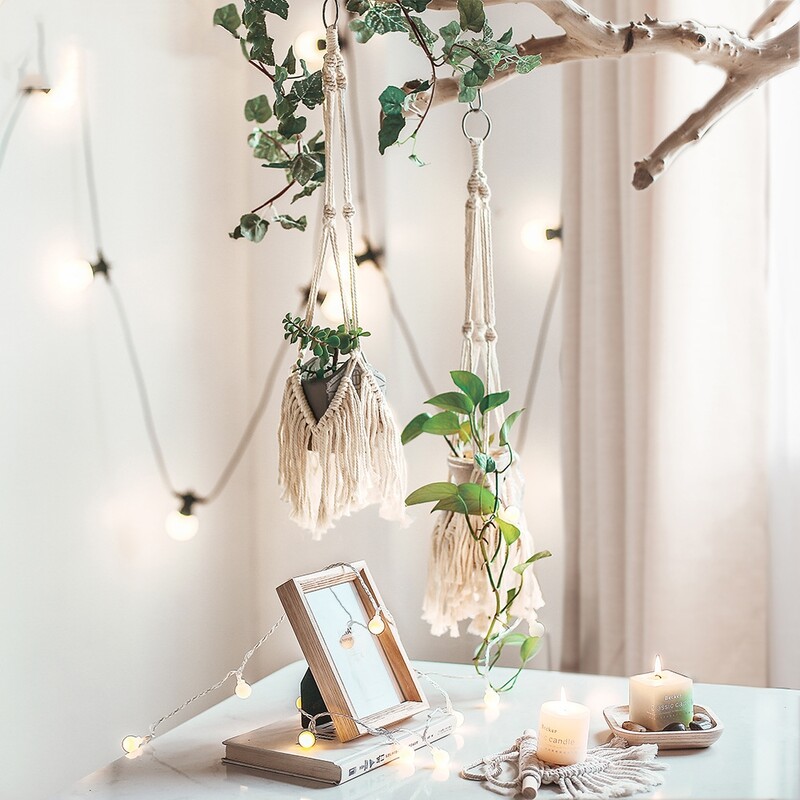 Boho Висяща кошница Памучно въже Плетено макраме Пискюл Монтирана на стена Саксия Поставки за растения Вътрешни градински декорации