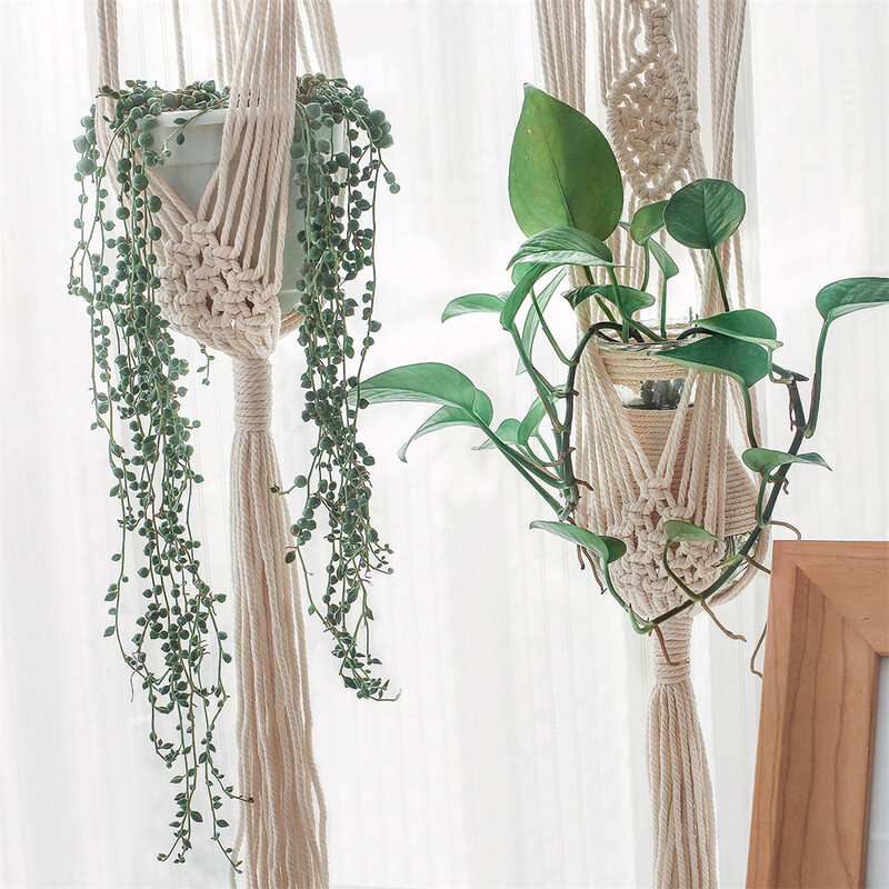 Boho Висяща кошница Памучно въже Плетено макраме Пискюл Монтирана на стена Саксия Поставки за растения Вътрешни градински декорации