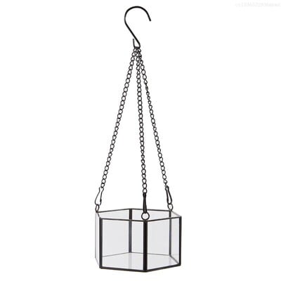 Modernus kabantis stiklinis terariumas, geometrinis šešiakampio formos sultingų oro augalų laikiklis, sieninis vazonas gėlių vazonas F0T4